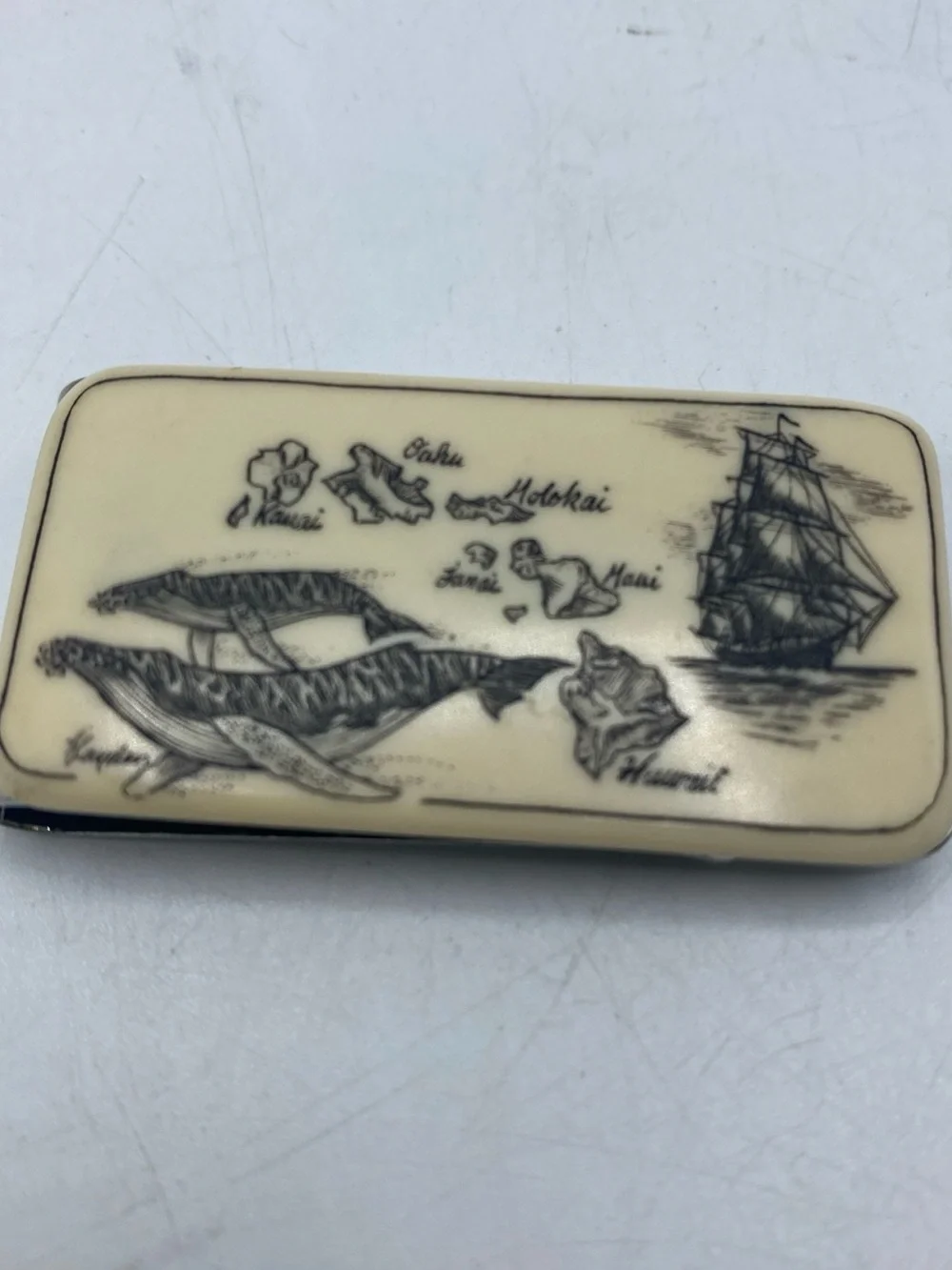 Hawaii Etched Islands, Ship and Whale Large Rectangle Slide Money Clip Ivory
